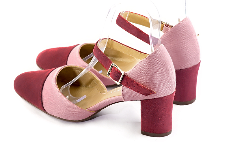 Raspberry red and dusty rose pink women's open side shoes, with an instep strap. Round toe. Medium block heels. Rear view - Florence KOOIJMAN